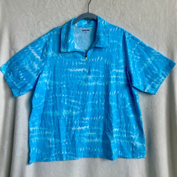 Lands' End Tops - Lands‎ End Aqua Blue Pool Water Print Cotton Modal 1/4 Zip Short Sleeve Top 1X
